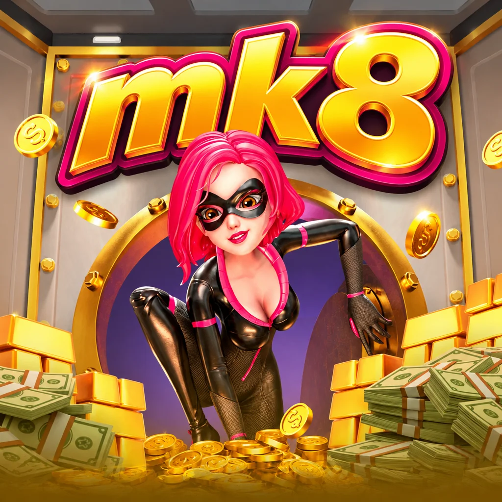 โลโก้ mk8 พร้อมตัวละครจอมโจรสาวผมชมพูในห้องนิรภัยจากเกม Heist Stakes